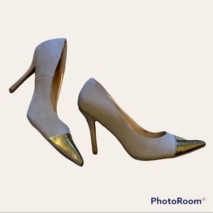 JUSTFAB Tan PUMPS with gold shiny toe SIZE 8.5 HEELS 4 inches